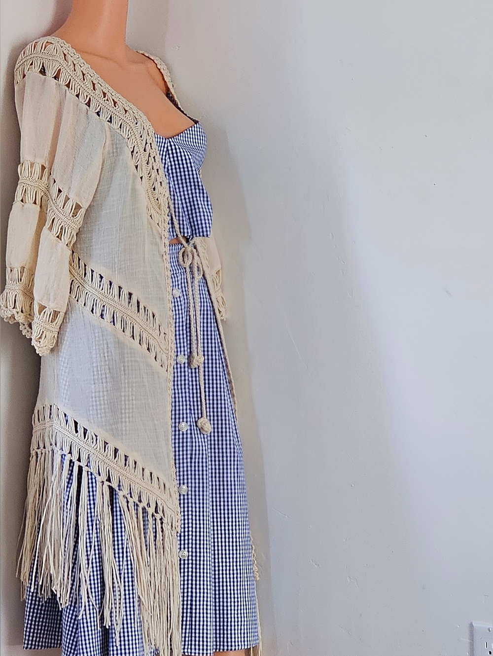 Boho Macrame Crochet Trim Kimono Duster Fringe Cardigan Cream